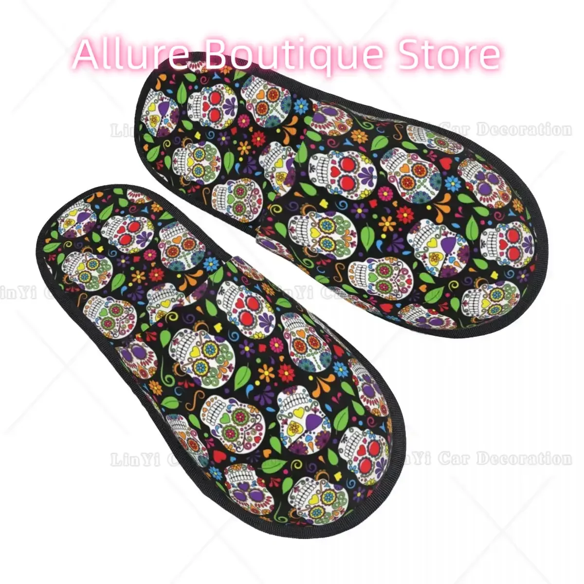 

Custom Colorful Sugar Skull Flower Black Pattern Memory Foam Slippers Women Soft Warm Mexican Day of the Dead House Slippers