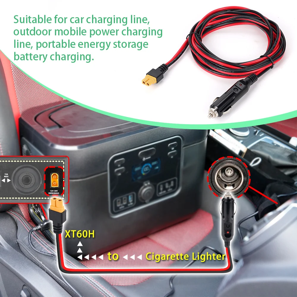 Ładowarka samochodowa 20A Kabel adaptera 14AWG Zapalniczka samochodowa do XT60 Kabel ładujący Samochód do generatora słonecznego 3M