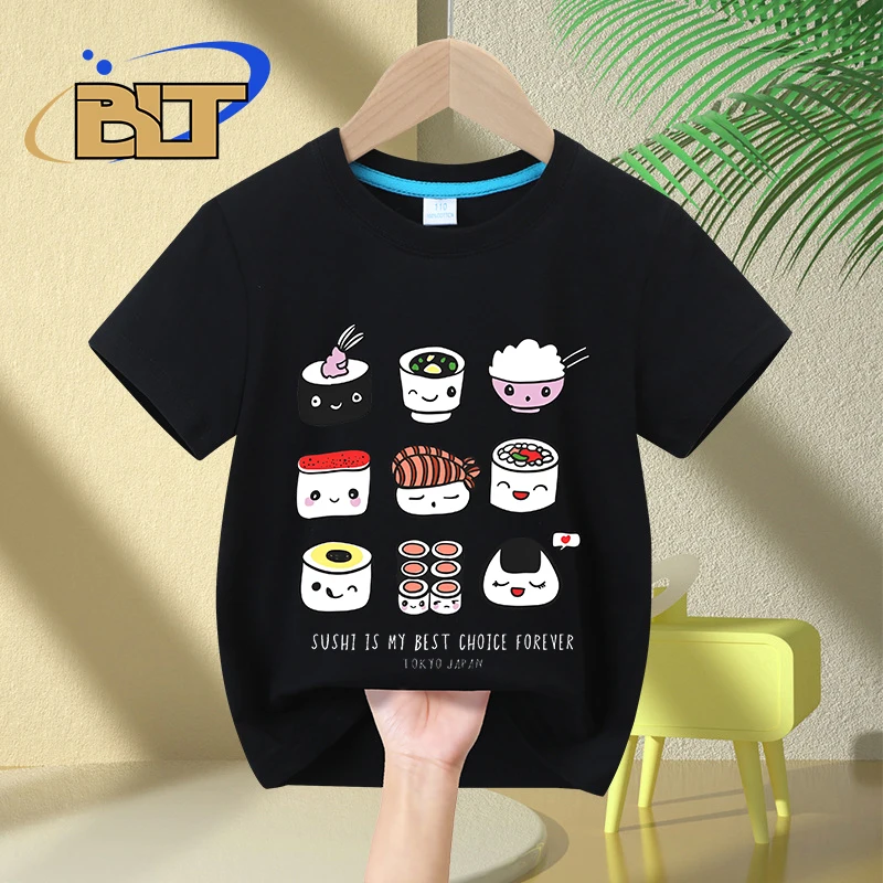 Camiseta con estampado de Sushi para niños, Tops de manga corta de algodón para niños y niñas, regalo de verano, la mejor opción