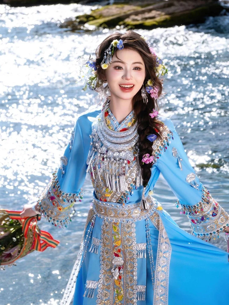 

Blue New Ethnic Miao Women's Suit Minority Style Photography Dance Costume Teenage Girl Travel Photography National Style
