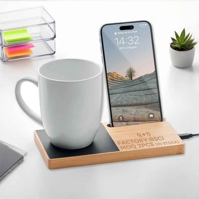 

Bamboo 2-in-1 Mug Self-heating Rack Coffee Mat Wooden Usb Mobile Stand and Cup Heater Electric Wireless Charger with Video