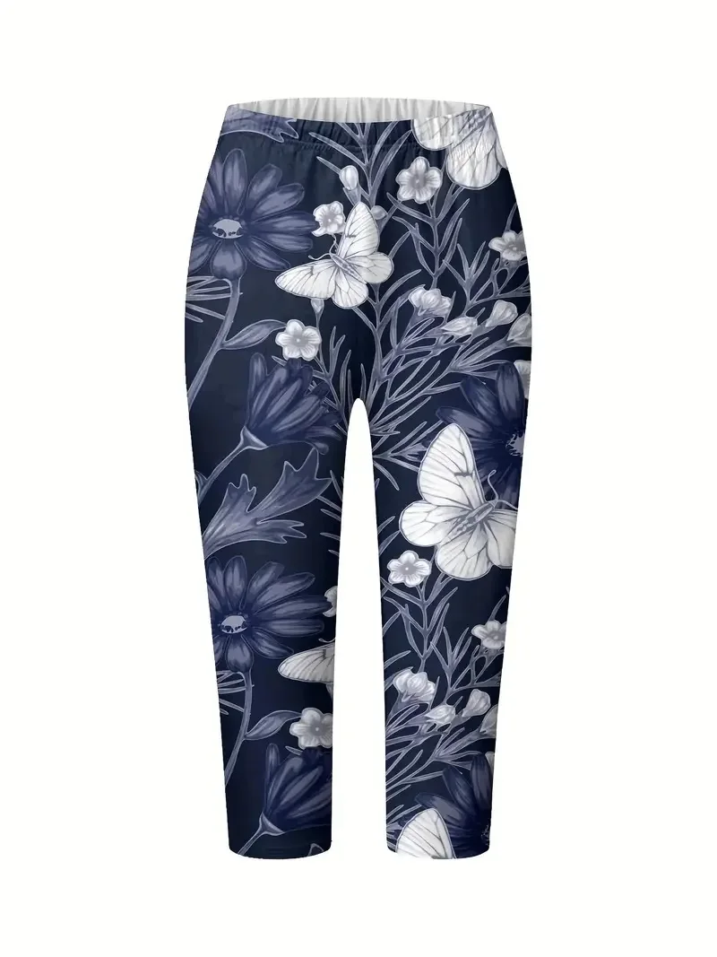 Floral butterfly print stretch slim elastic waist tight casual leggings capri pants for women