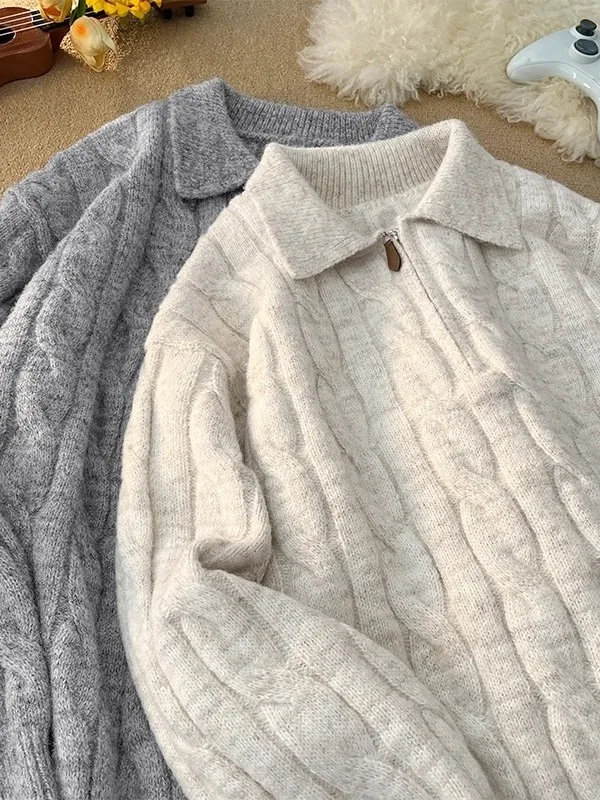 

Мужской вязаный свитер на молнии в стиле ретро, осенний, модный, повседневный, для пар, в американском простом стиле