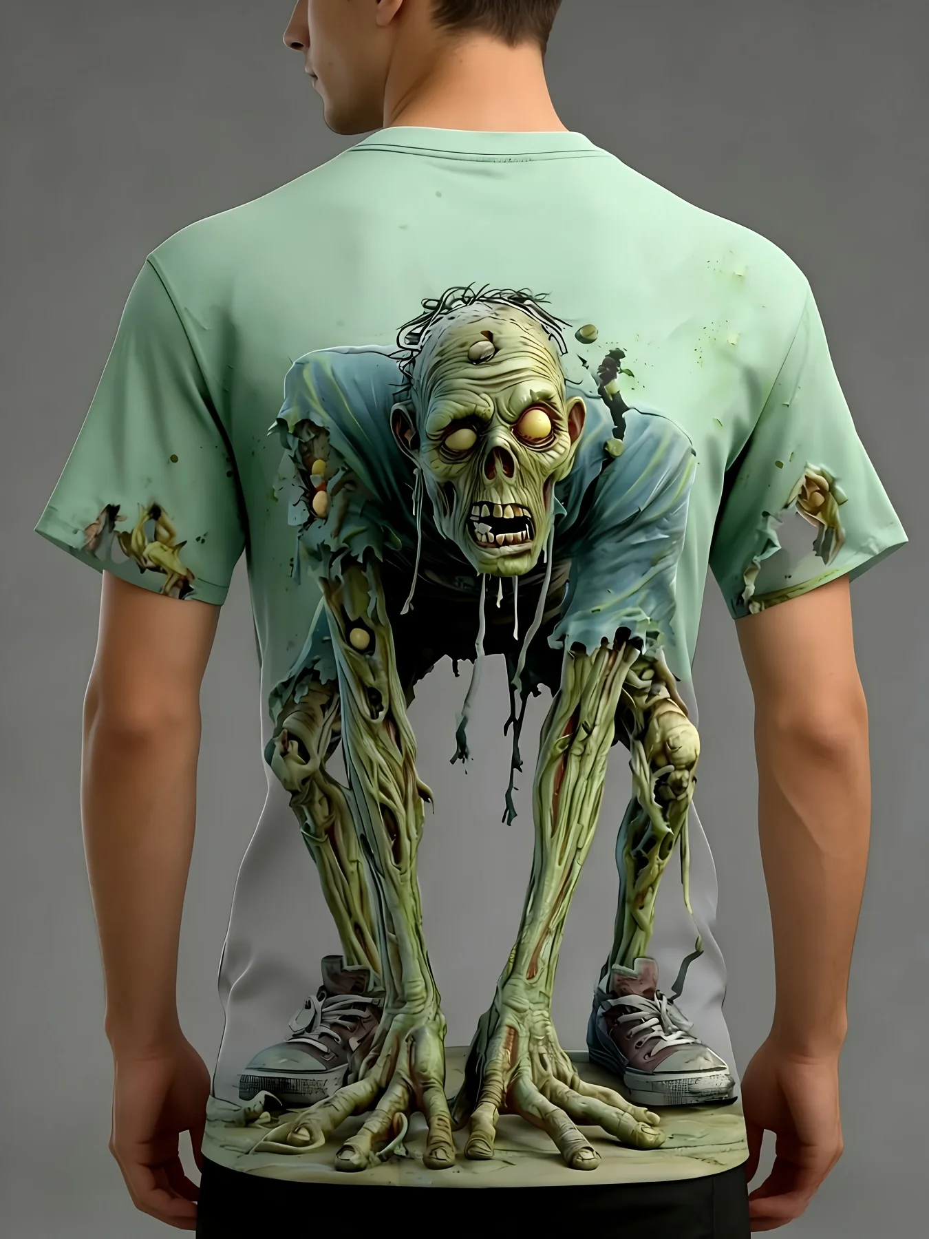 3D Zombie Crawling Out Graphic T-Shirt Men, Halloween Horror Illusion Print, Funny Costume Casual Tee