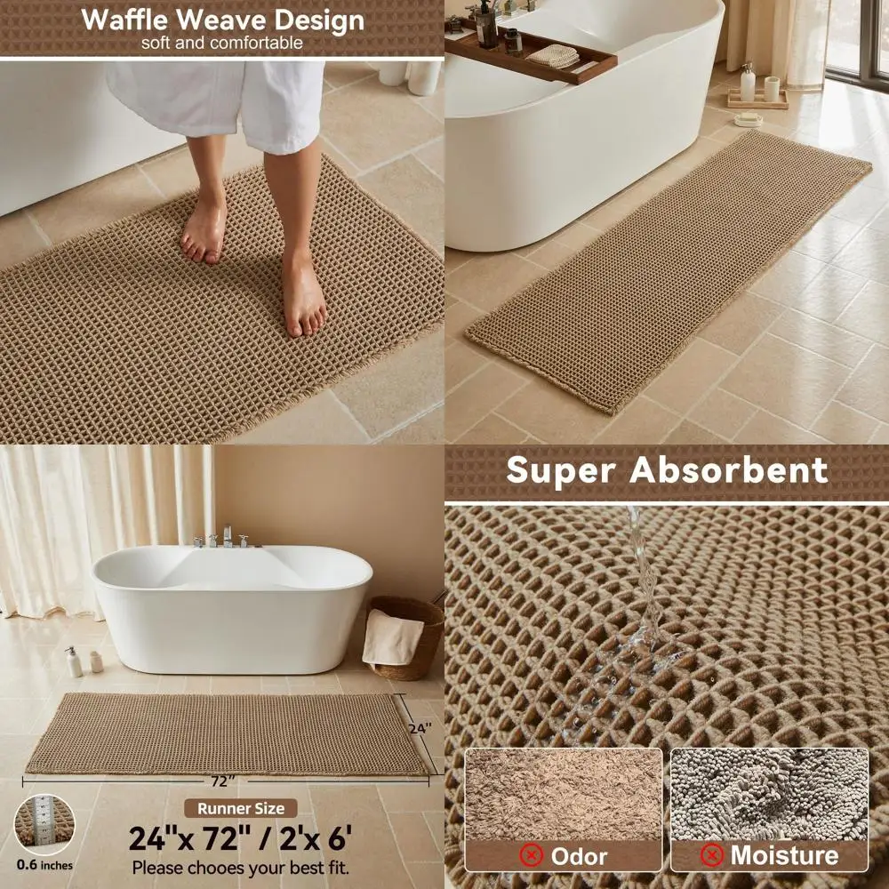 

Khaki Waffle Runner Rug - 24 x 72 Non-Slip, Soft & Absorbent, Quick-Drying Farmhouse Style Bathroom Mat