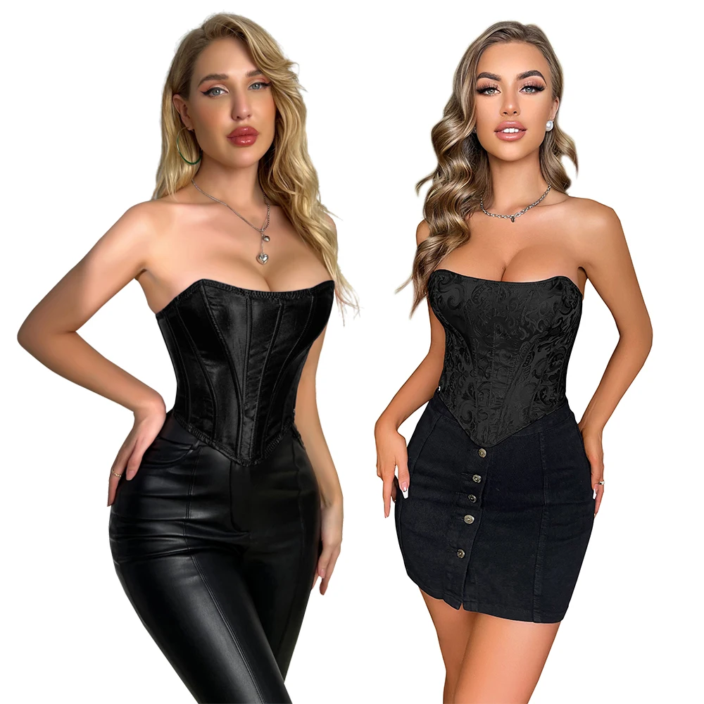 Jacquard Satin Sleeveless Tank Crop Tops Bustier Clubwear Short Style Overbust Corset