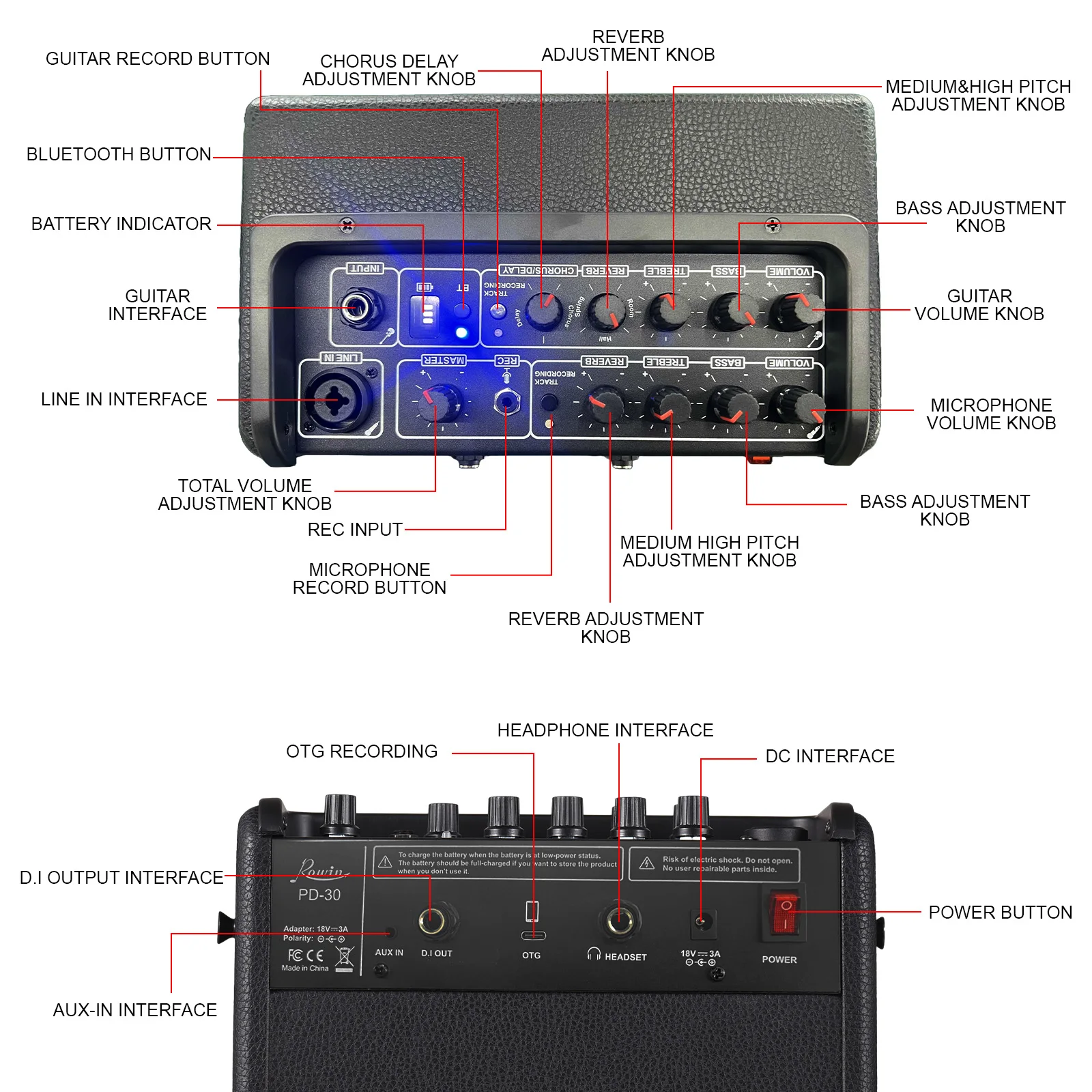 Rowin 30W Speaker Electric Guitar Amplifier OTG BT Acoustic Guitar Amp Reverb Chorus Effect REC Microphone Inputs Aux In Jack