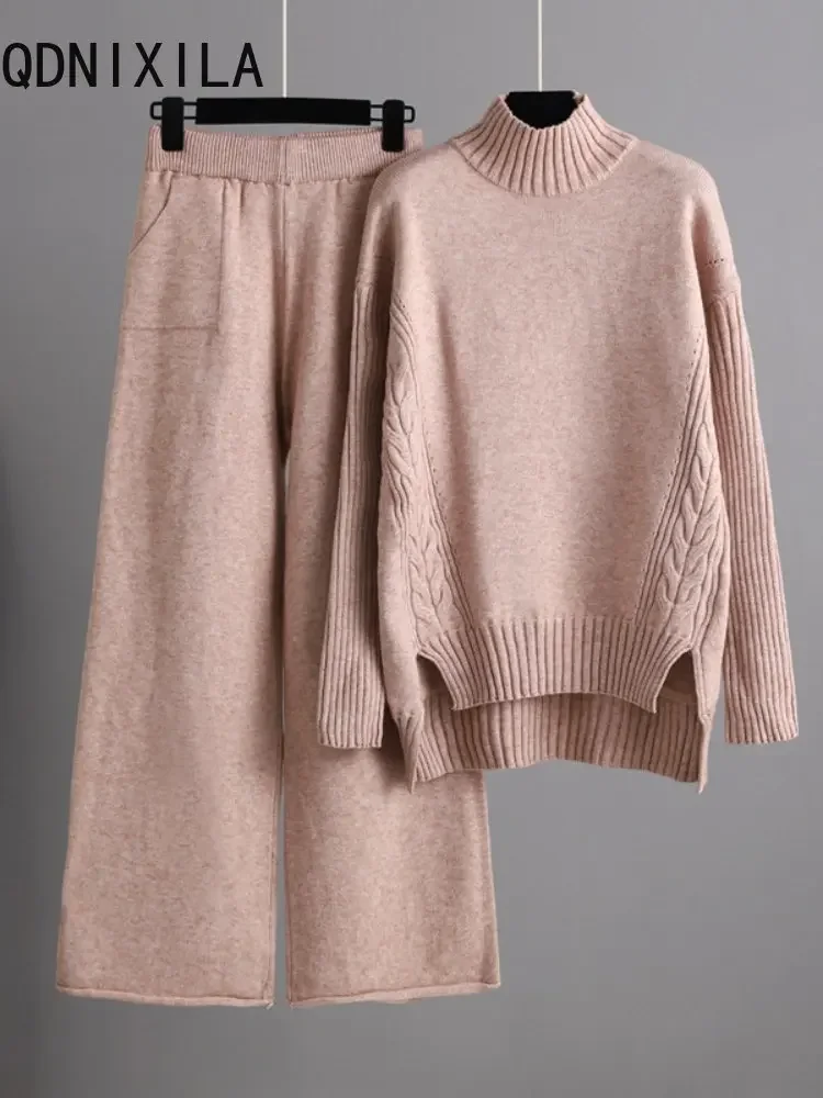 Autumn and Winter 2022 New In Fashion Fashionable Sweater Set Vertical Knitted Wide Leg Pants Two Piece Women\'s Dress Pullovers