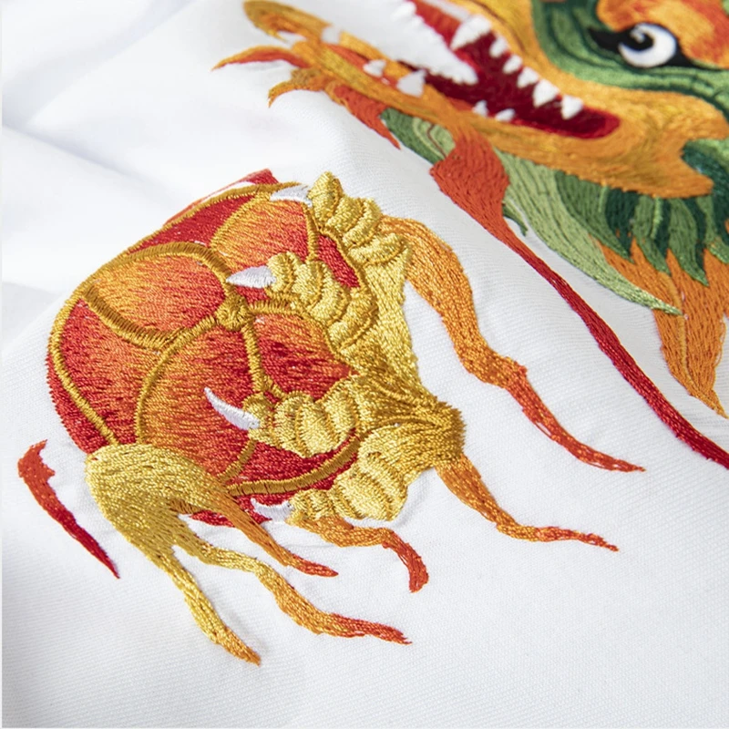 Lyprerazy National Tide Dragon Embroidery Short-sleeved T-shirt Summer Cotton Loose Men Tops Tees