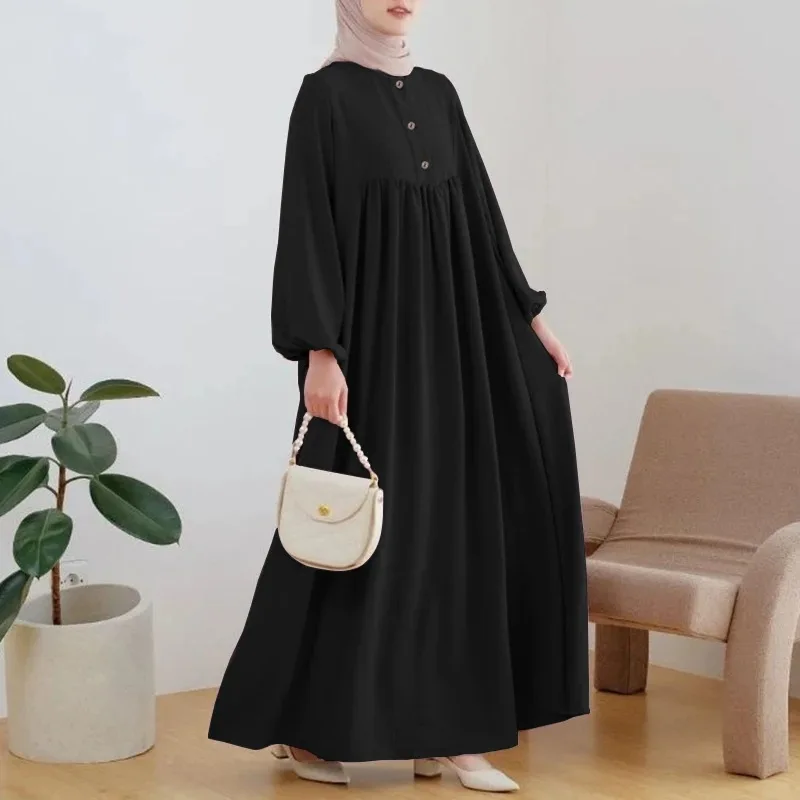 Modest Islamic Solid Color One Piece Robe Eid Muslim Abaya Dubai Turkey Casual Puff Sleeve Loose Dress Maxi Arab Female Kaftan