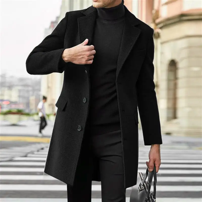 

Thiened Woolen Men's Coat New Autumn Winter Single Button Sonny Windbreaker Ultra Slim Fit Spring Season Mid-Length Coat