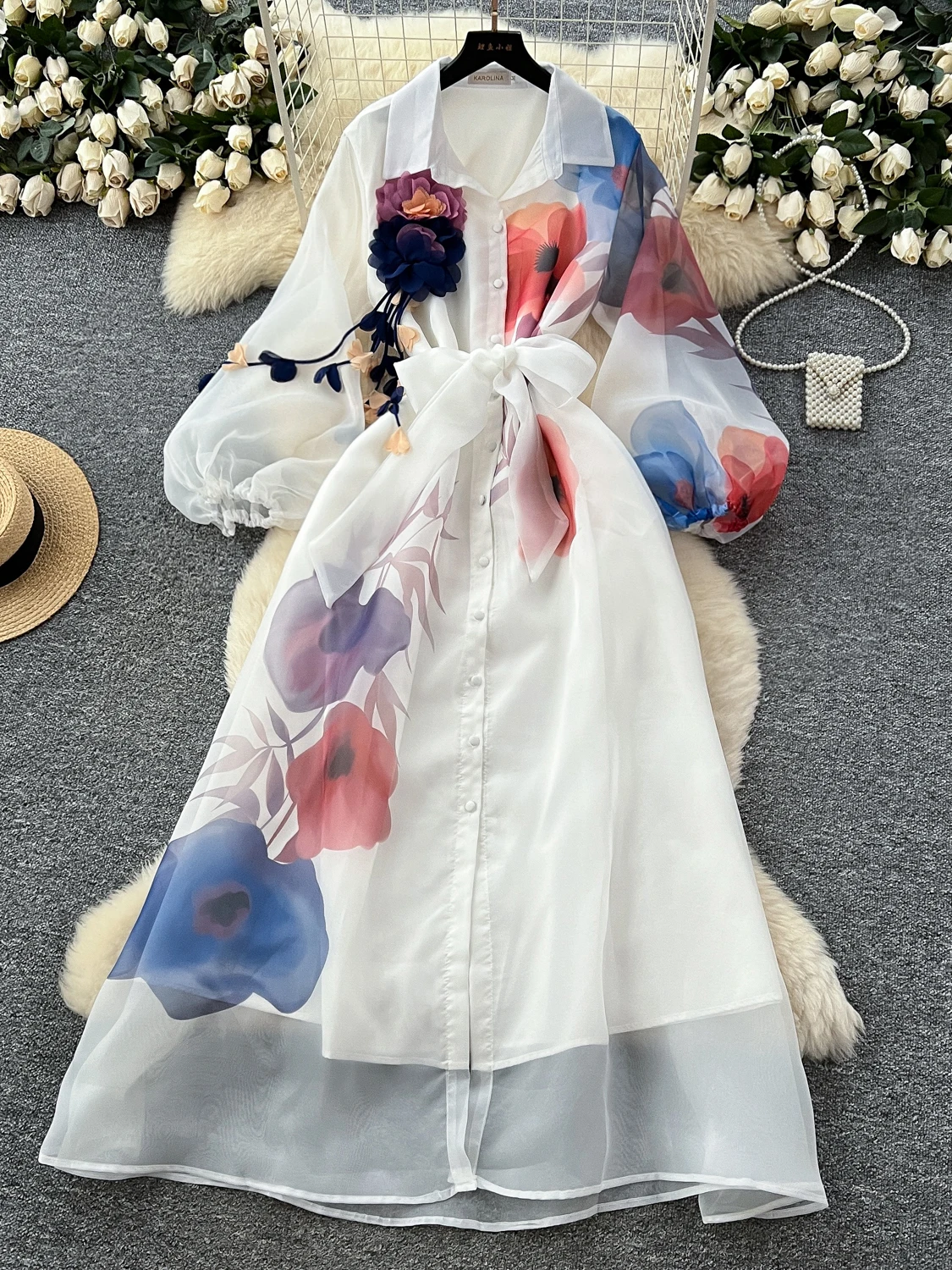 

Ele Long Printed Dr with Belt High Waist Lantern Sve Me Skirt Korean Sle Commute High Faion Sensation