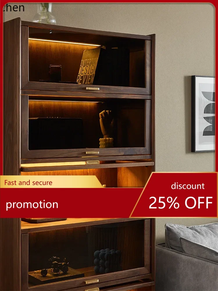 

ZML Solid Wood Bookcase Shelf with Glass Door Living Room Display Cabinet Against The Wall Storage Cabinet