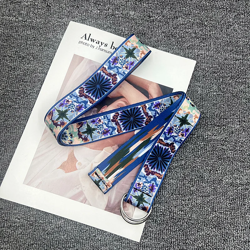 Ethnic Style Colorful Patterned Belt for Women, Versatile Personality, Double Loop Buckle Belt, Simple Canvas Casual Jeans Belt