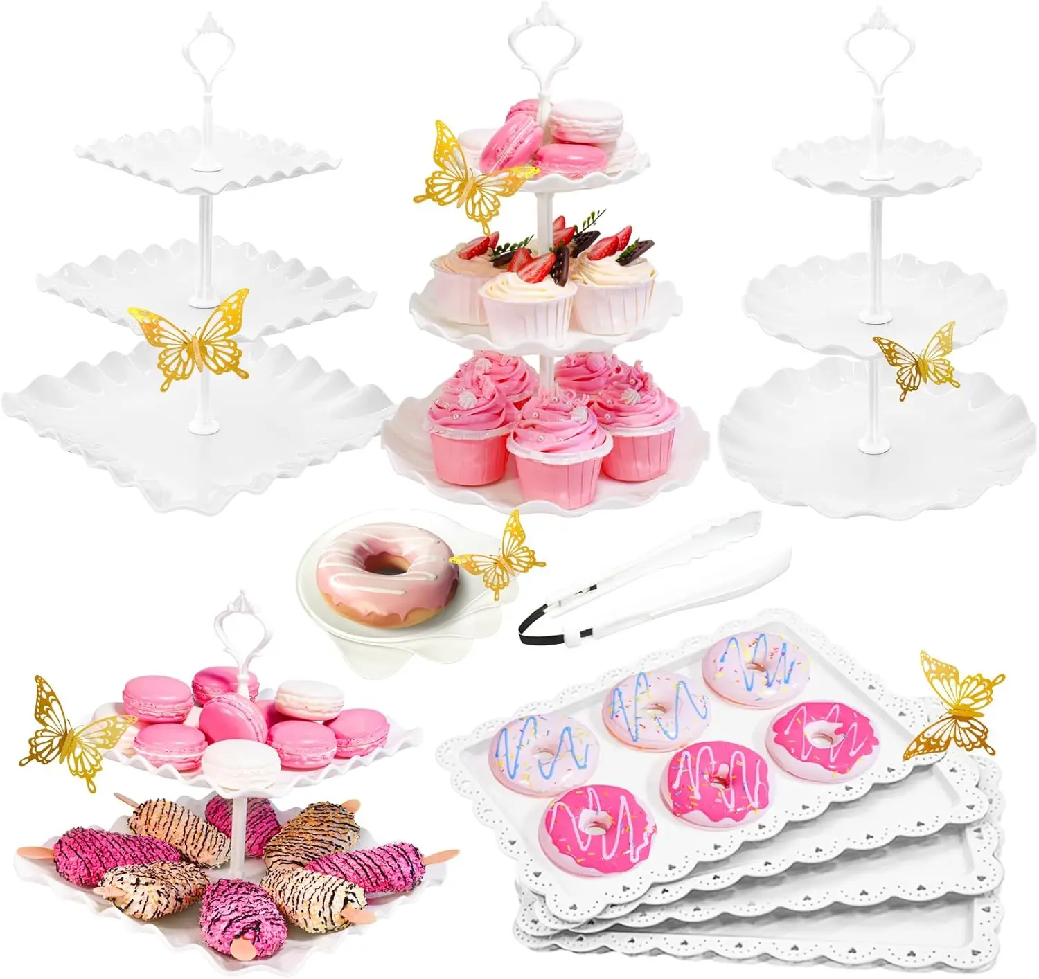 

Набор для подачи десертов из 15 предметов с 3-ярусной подставкой для кексов и сервировочными подносами для вечеринок