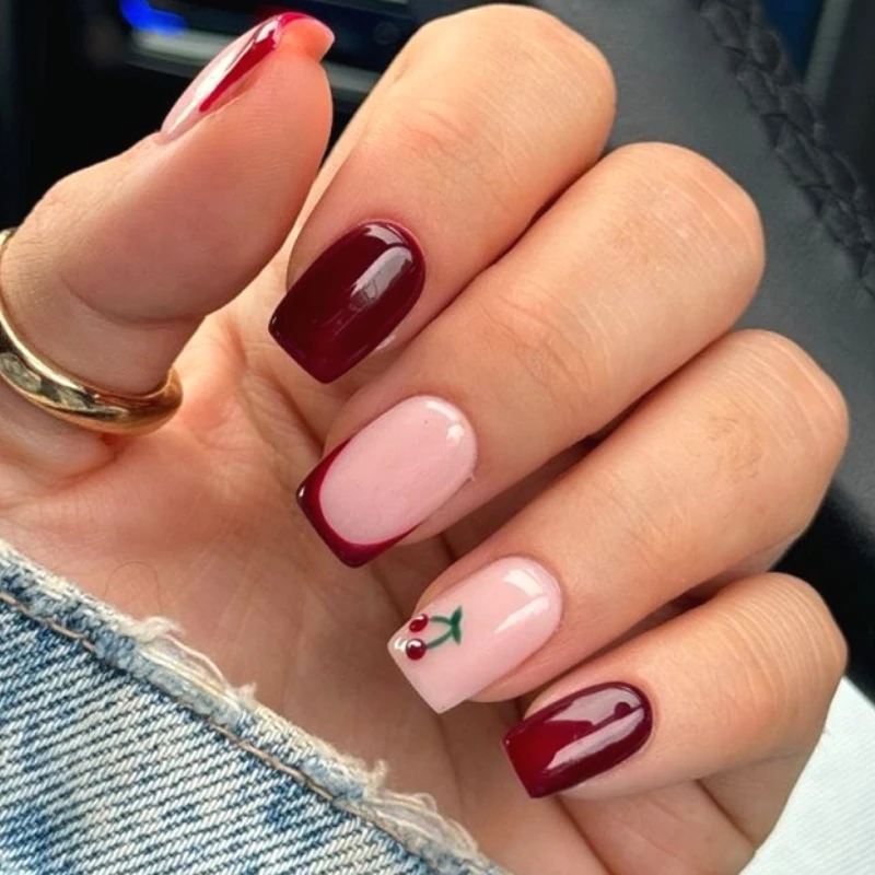 

French Wine Red Solid Color Wearable Nail Art Cute Cherry Short Square Fake Nails Detachable Finished False Nails Press on Nails