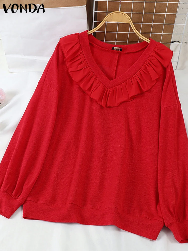 

VONDA Women Knitted Blouse 2025 Fashion Ruffled Sweaters Solid Color Casual V-neck Hoodies Long Sleeve Pullovers