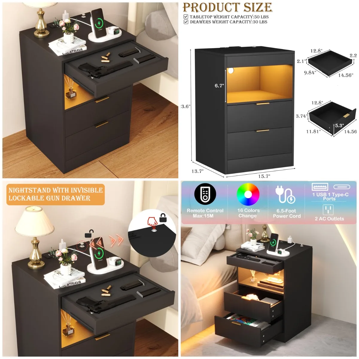 

LED Nightstand with Gun Drawer & Invisible Lock, Charging Station, Black Wood Side Table