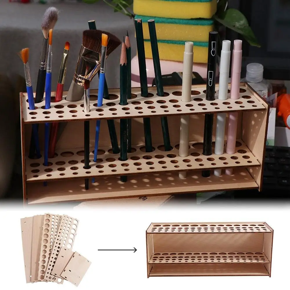Wooden Frame Paint Brush Holder Household 67 Holes Desk Organizer DIY Saving Space Cosmetic Brushes Shelf Art Brush Organizer