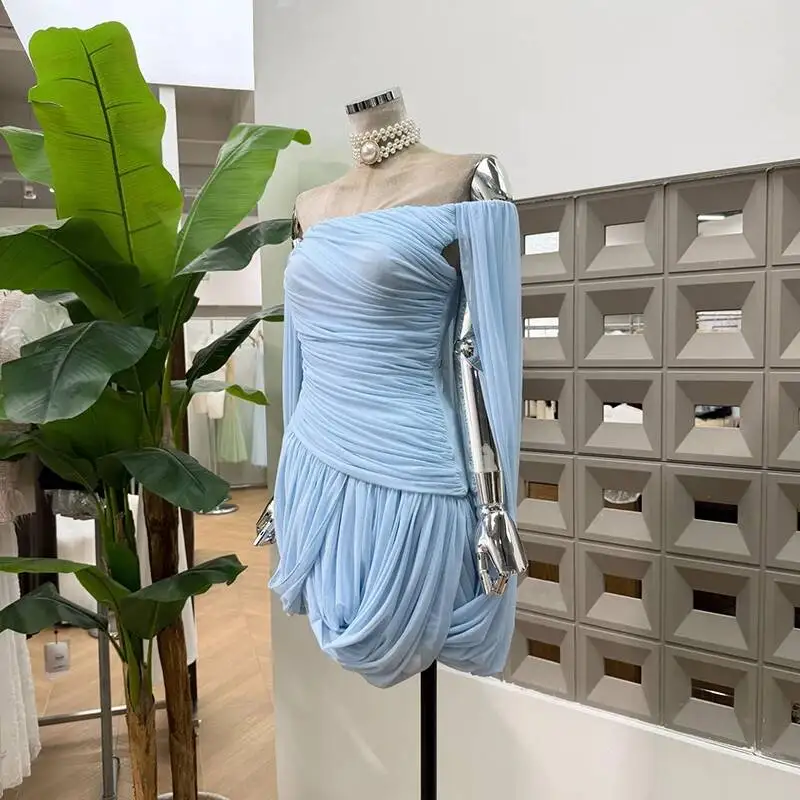IEQJ Summer Irregular Blue Slash Neck Pleats Dress Women Long Sleeve Tight Waist Mini Dresses New 3A2052