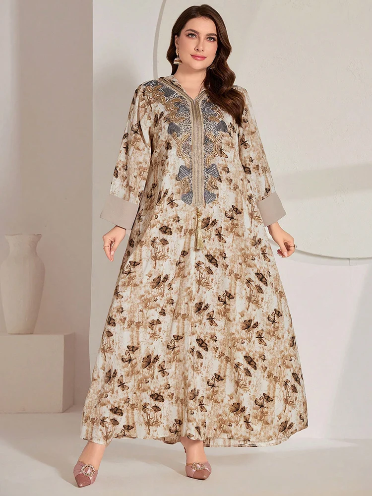 TOLEEN-Long Sleeve Maxi Dress for Women, Plus Size, Butterfly Print, Arabic Style, Luxury, Elegant, Formal Party, Evening, 2024