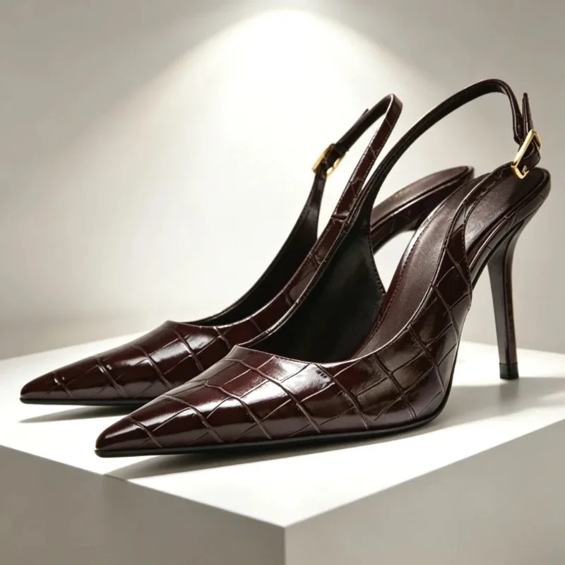 Sexy Pointed Toe Burgundy Women Pumps Embossed Top Buckle Design Slingback Heeled Sandals Luxury Designer Stiletto Women's Shoes