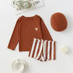 Boys' long-sleeved split swimsuit and swimming cap set coffee color coconut tree