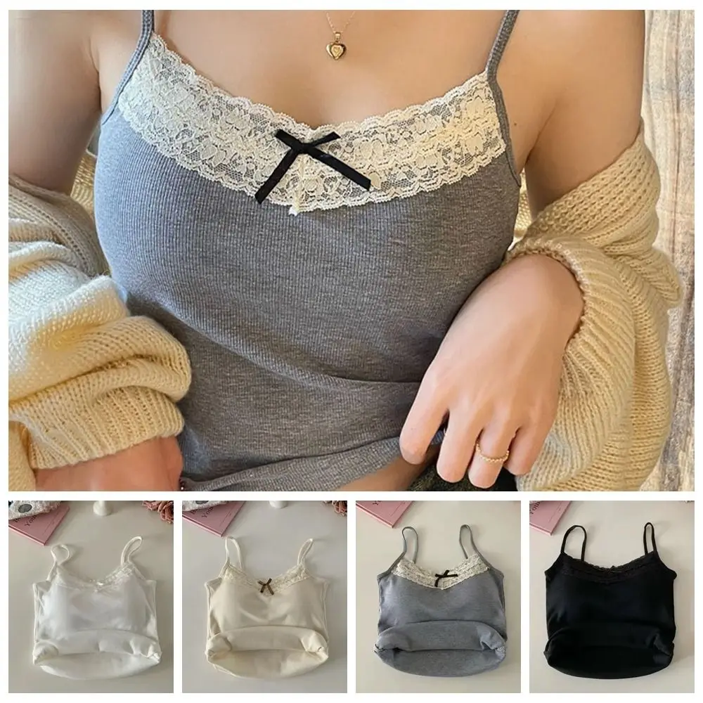 Casual Lace Bow Vest Camisoles Y2K Sleeveless Tank Top Knitting Off Shoulder Suspender Vest Photograph