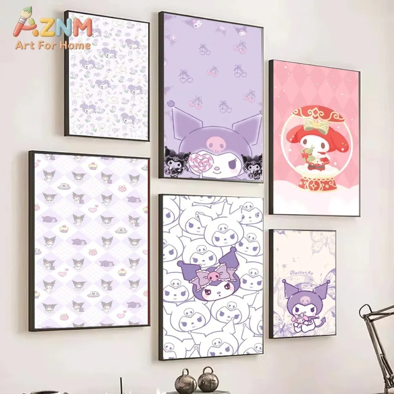 Kuromi My Melody Canvas Poster Cute Sanrio Cartoon Print Unframed Canvas Art Purple Floral Butterfly Plaid Sweet Kawaii Aestheti