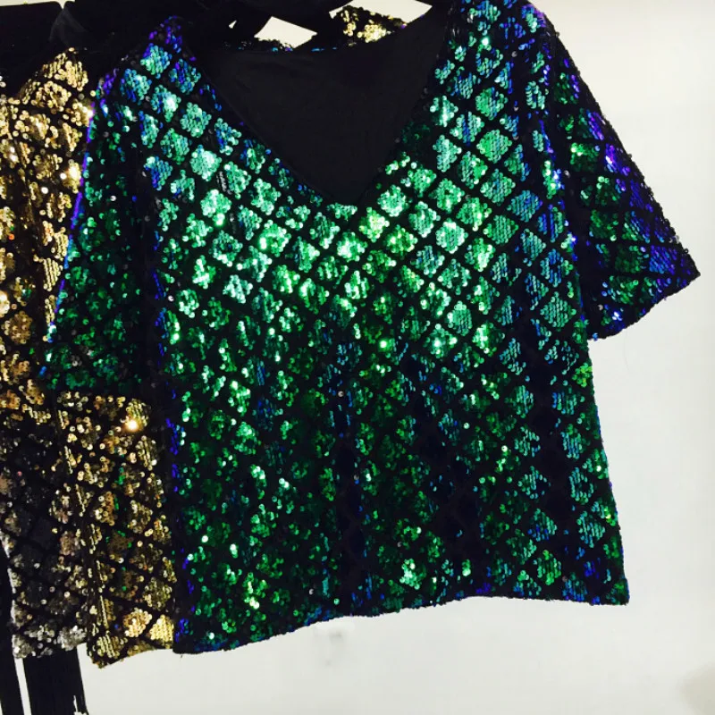 Chic Sequins T-shirt  Loose Diamonds V-neck Beading Tees Short-sleeved Bottoming Shirt Sequined Jumpers Streetwear Dance Tops