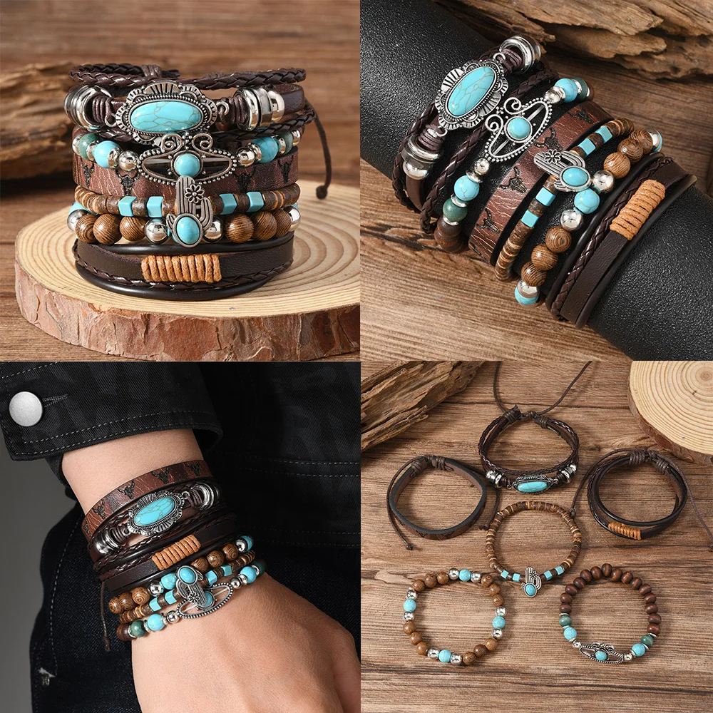 Men's Cactus Turquoise Leather Wooden Beads Multi-layer Accessories Set