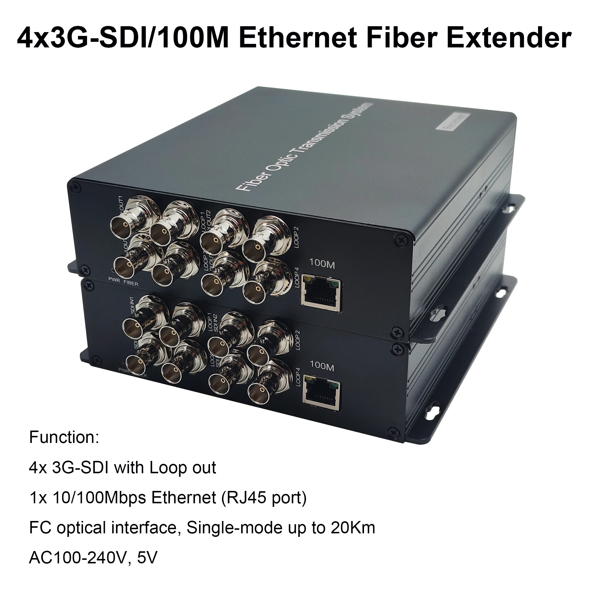 4 Port 3G HD SDI 100M Ethernet to Fiber Optic Media Converters, Uncompressed, HD Video Audio Network Extender by Fiber 1 Pair