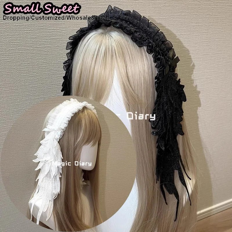 

Женская готическая черно-белая заколка для волос с оборками и кружевом в виде крыльев ангела, повязка на голову в стиле субкультурного панка Y2K Лолита Кавайи, аксессуар для волос, обруч для волос