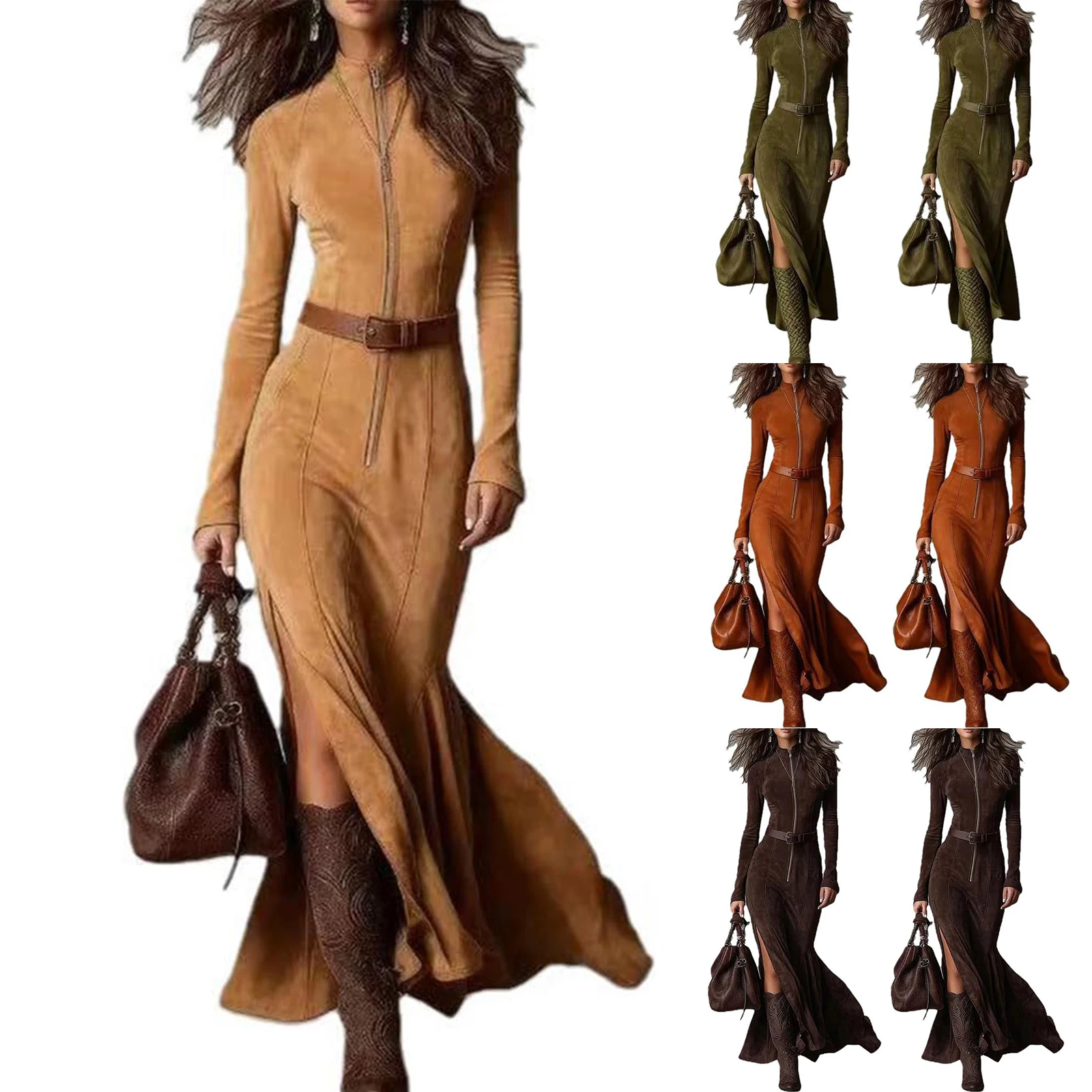 

Women'S Western Cowboy Shirt Dress With Pleated Wrap Design Flowing Maxi Dress With High Slit And Ruffled Hem Long Sleeve Dress