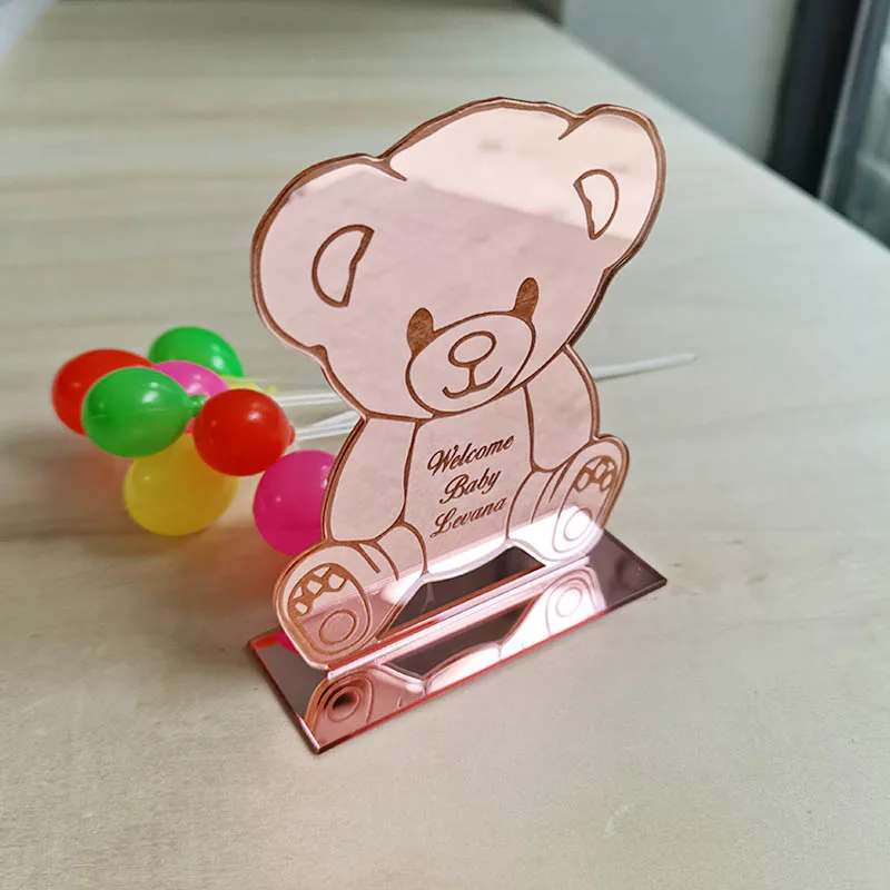 10pcs Teddy Bear Custom Mirror Acrylic Baby Shower Favors, Teddy Bear BabyShower Party Decoration Personalized Gift Label