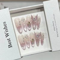 10pcs Pink Cat Eye False Nails 3D Butterfly Fake Nails Diamond Pearl Press on Nails Gradient French Glue on Nail Almond Nail Art