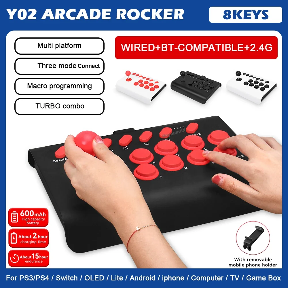 Y02 Arcade Joystick for PS4/PS3/Xbox One/Switch OLED/Android/iOS Wired Wireless Street Fighter Controller w Macro/Turbo Function