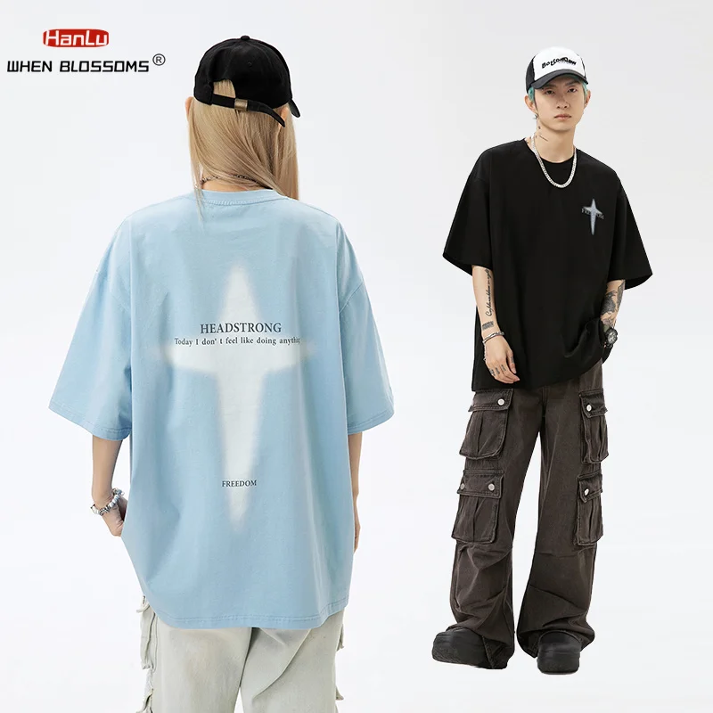 

Blue T Shirt Men 2024 New Hip hop Print Tees Harajuku Men's Clothing Loose Couple Y2K Summer T-shirts Women Oversized Tops