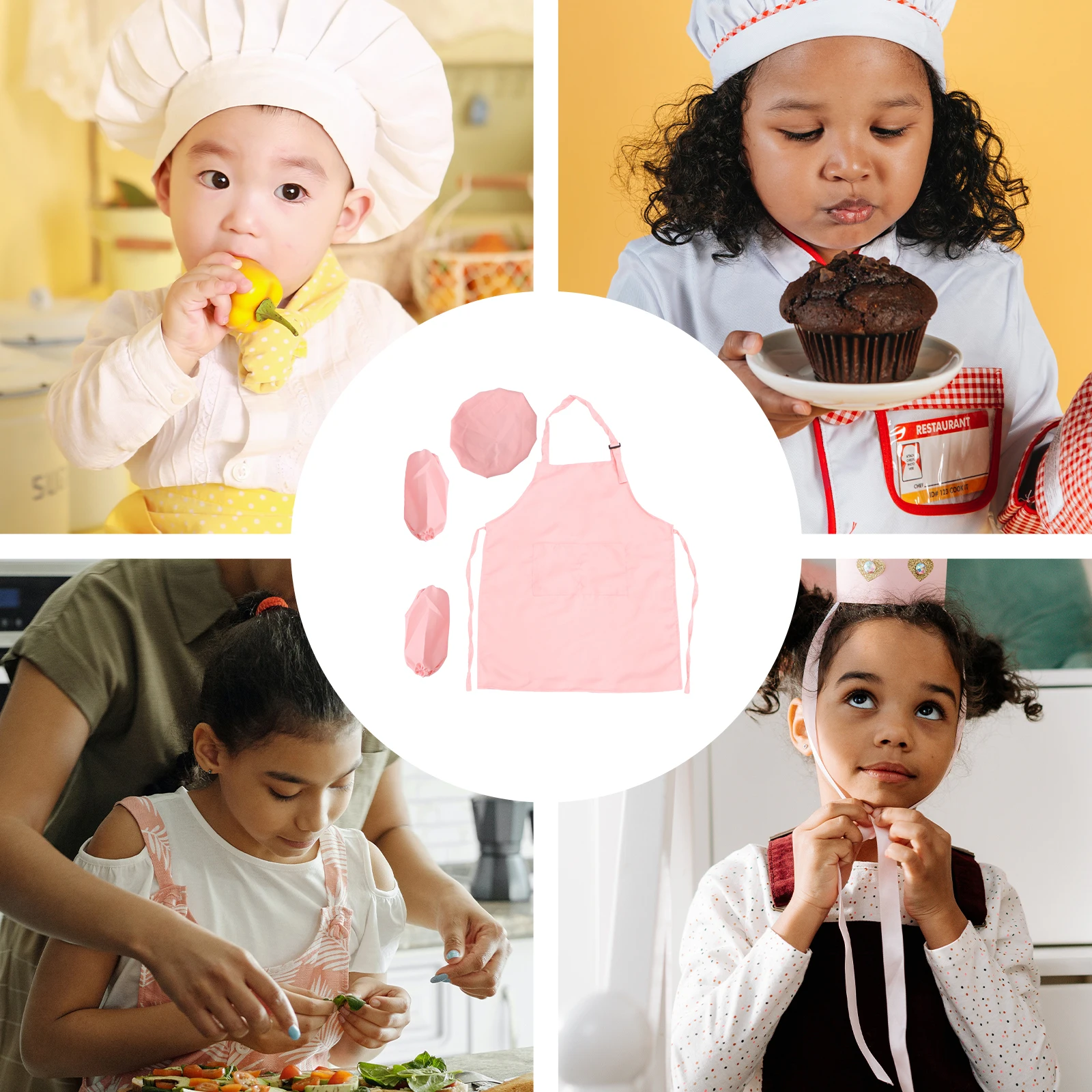 

3Pcs Complete s Kitchen Gift Playset with Apron Cooking Sleeve for s Cooking Play (Pink, L)