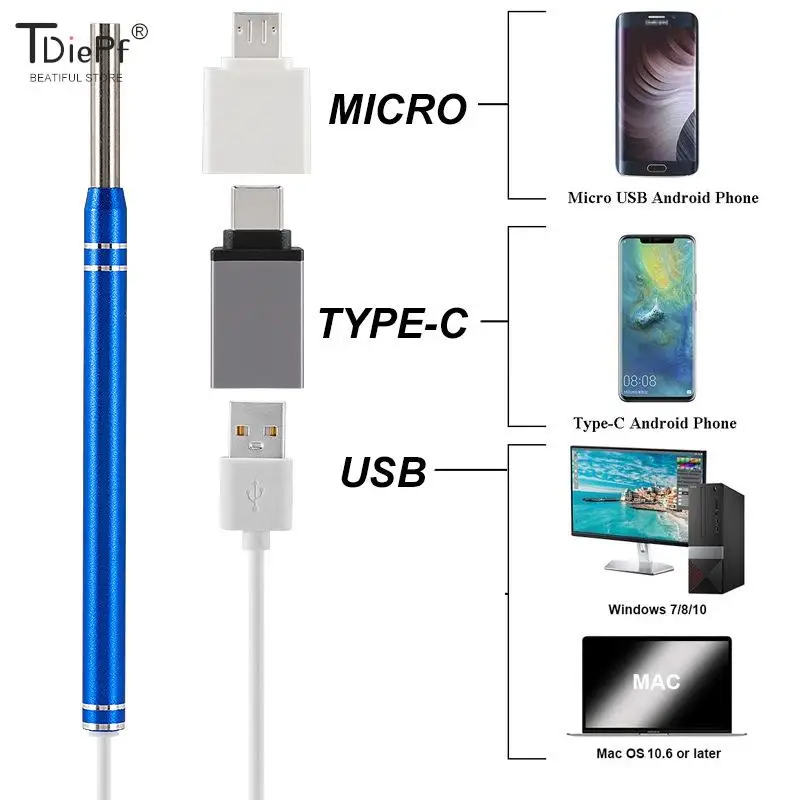 1Set Smart Visual Ear Endoscope Earpick Endoscope Spoon Ear Cleaner Camera Otoscope Ear Wax Remover Earwax Removal Tool Ear Care