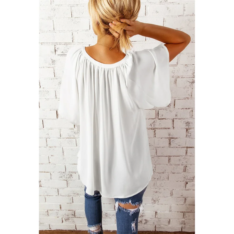 Summer Women's Casual T-irt Blouse Street Sle Loose Fit V-Ne ort Sve Polyester Chiffon Top for Middle-Aged Ladies