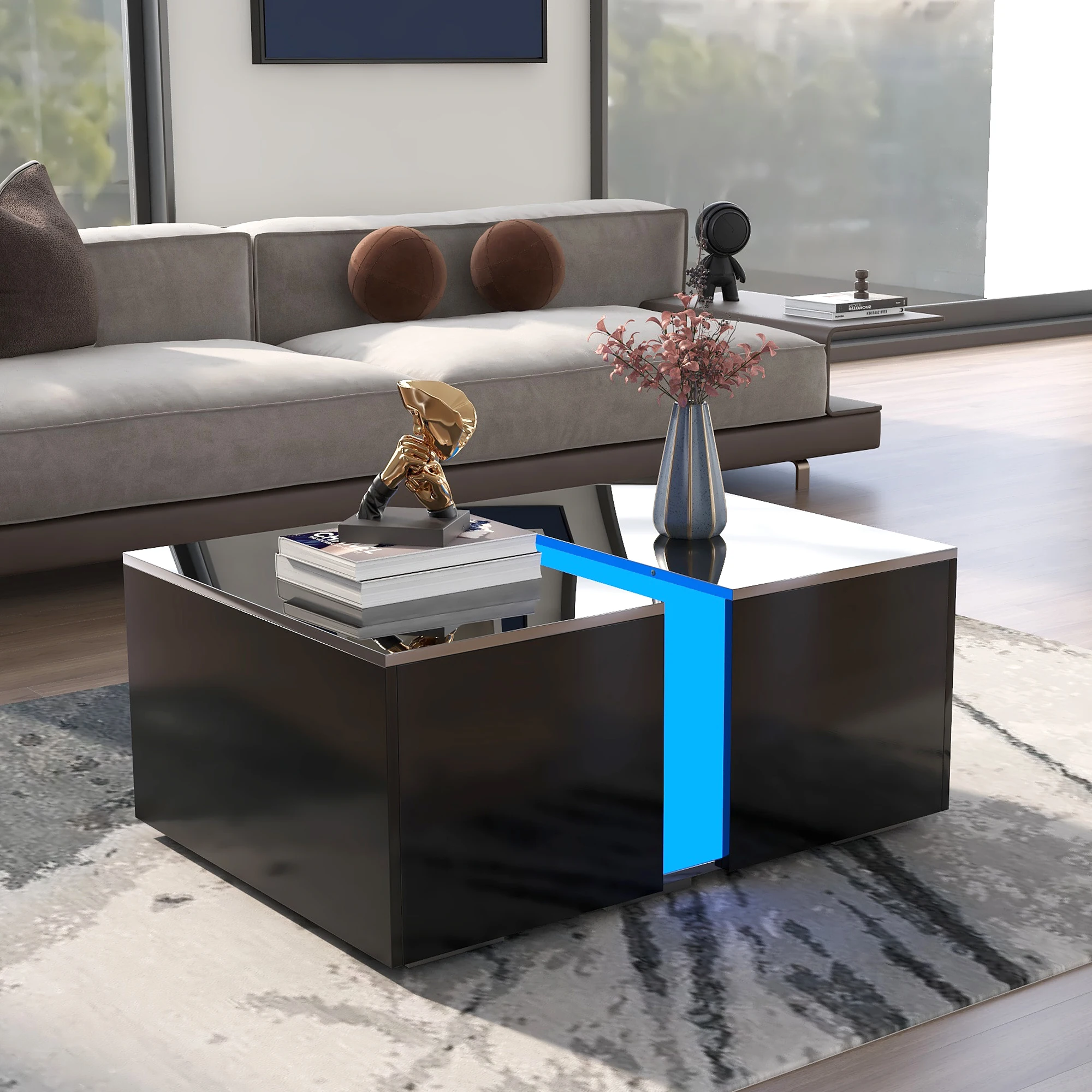 High Gloss Modern LED Lighting coffee table remote control 16 Colors Retractable LED Sofa Pin living room 73x60x34 cm Black