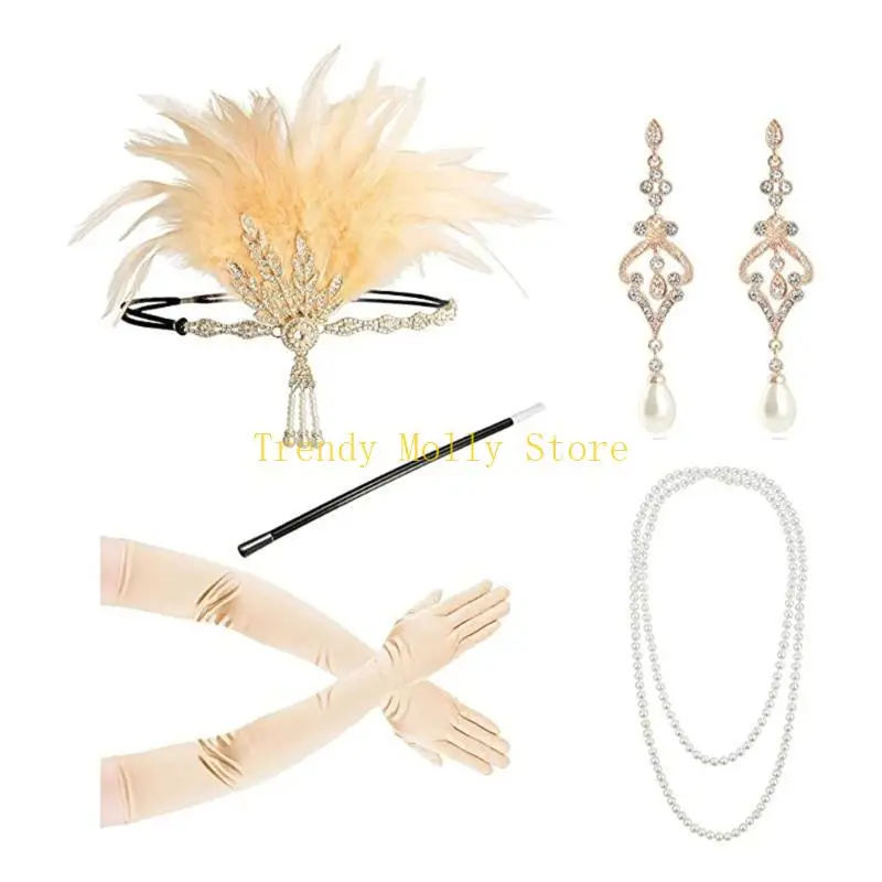 N5KB フラッパーアクセサリー レディース ギャツビー コスチューム イヤリング ヘッドバンド グローブ ネックレス