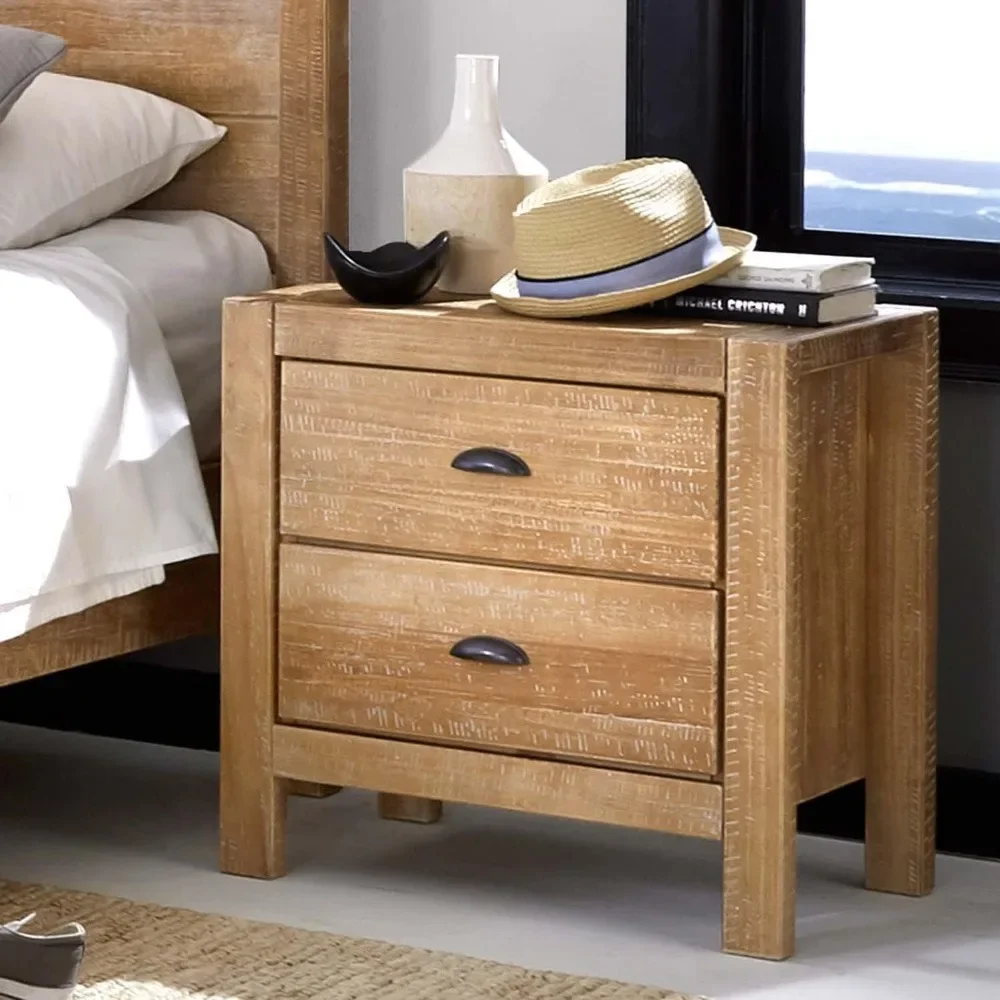 Bedside Nightstand 2-Drawer, Solid Wood with Driftwood Finish, Bedside Cabinet