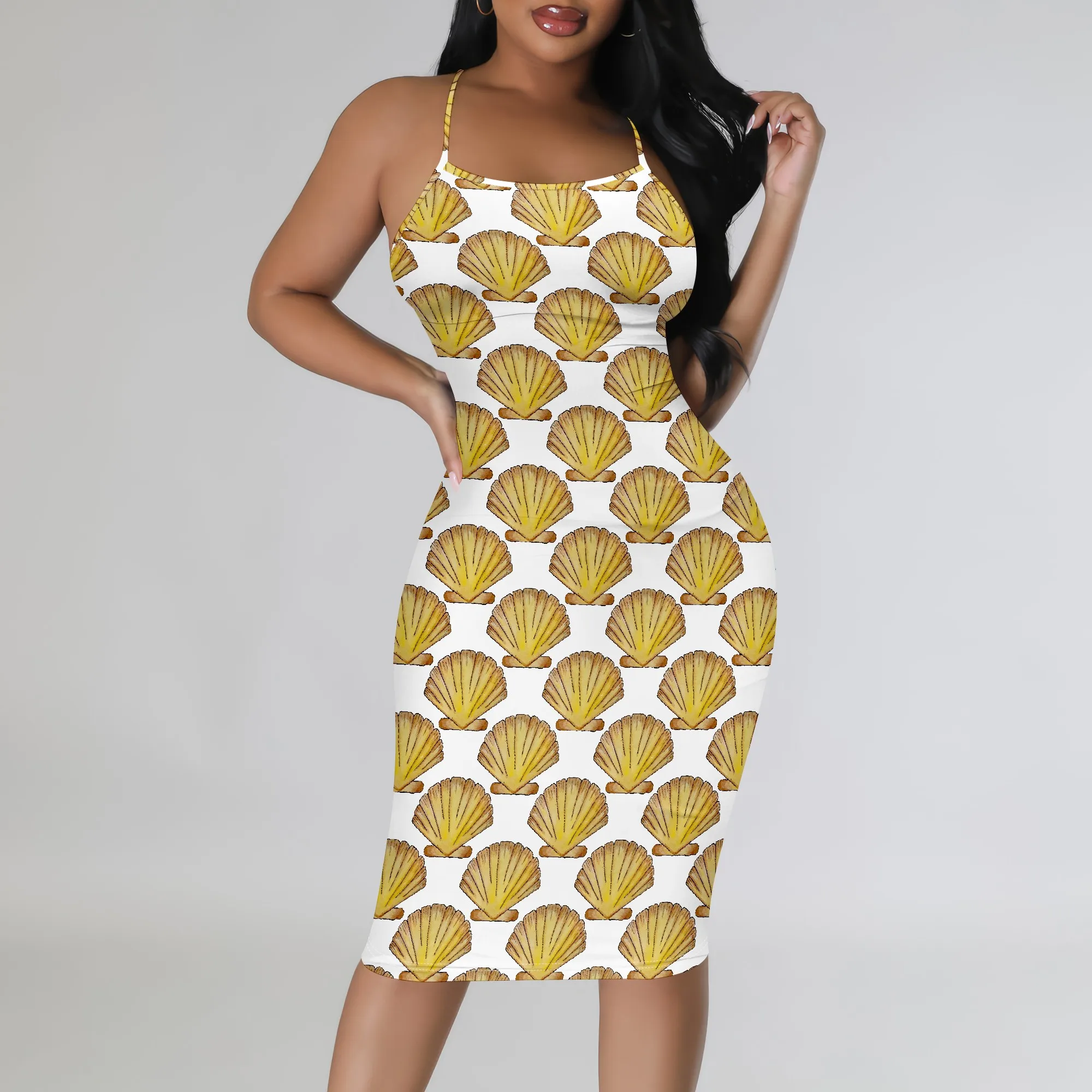 

Women's Summer Boho Spaghetti Straps Bodycon Midi Dress Sexy Stretchy Shell Print for Beach Vacation Picnic Party
