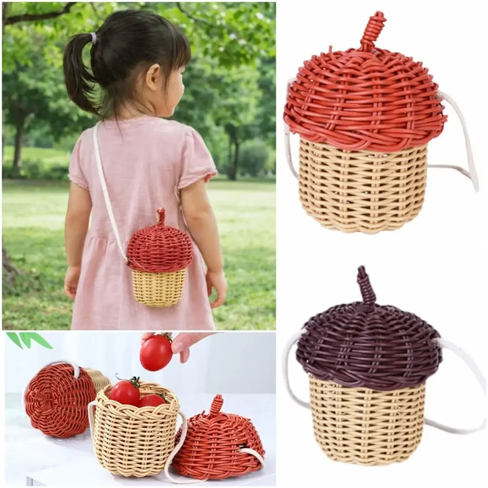 New Acorn-shaped Shoulder Bag Basket Weaving Red Coffee Crossbody Bag Photo Props Plastic Storage Basket Boho view 3