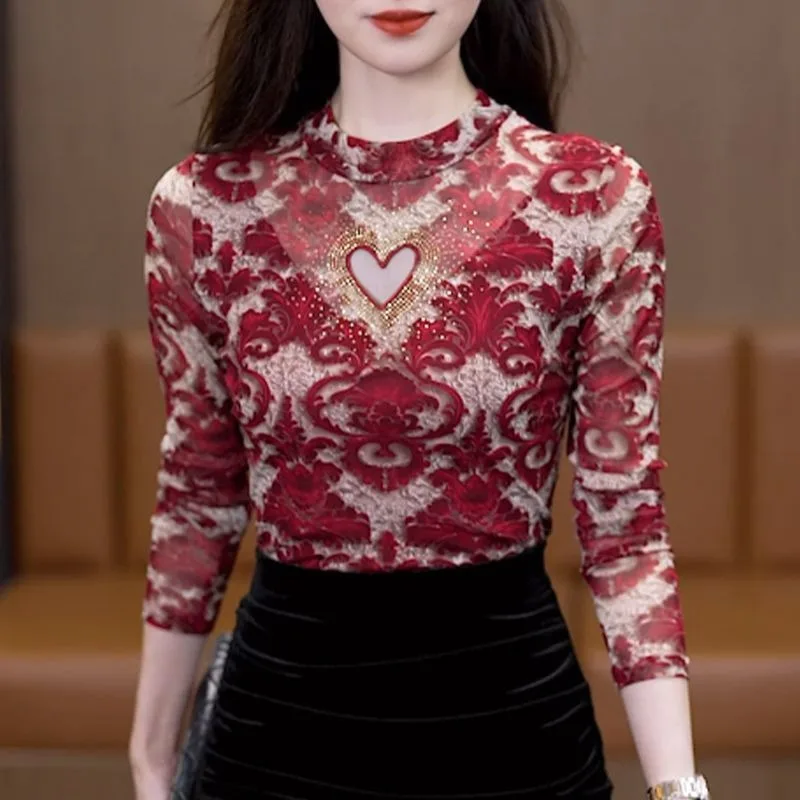 

Women Clothing Korean Fashion Sexy Mesh Rhinestone Velvet Thick Warm Basic T-shirt Ladies Vintage Elegant Long Sleeve Slim Tops