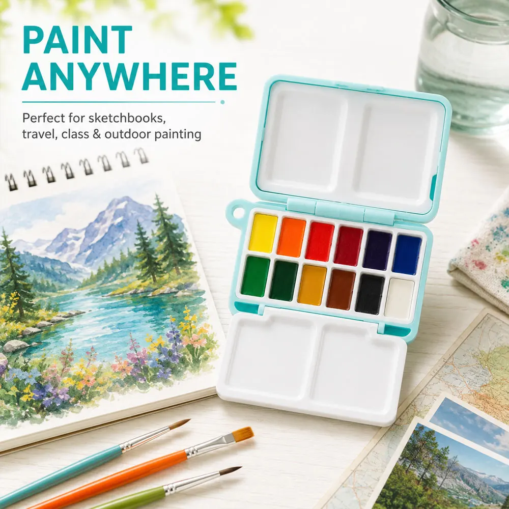 Portable Mini Paint Palette Box, 12-Grid Paint Storage Container with Hanging Loop, Ideal for Travel Sketching