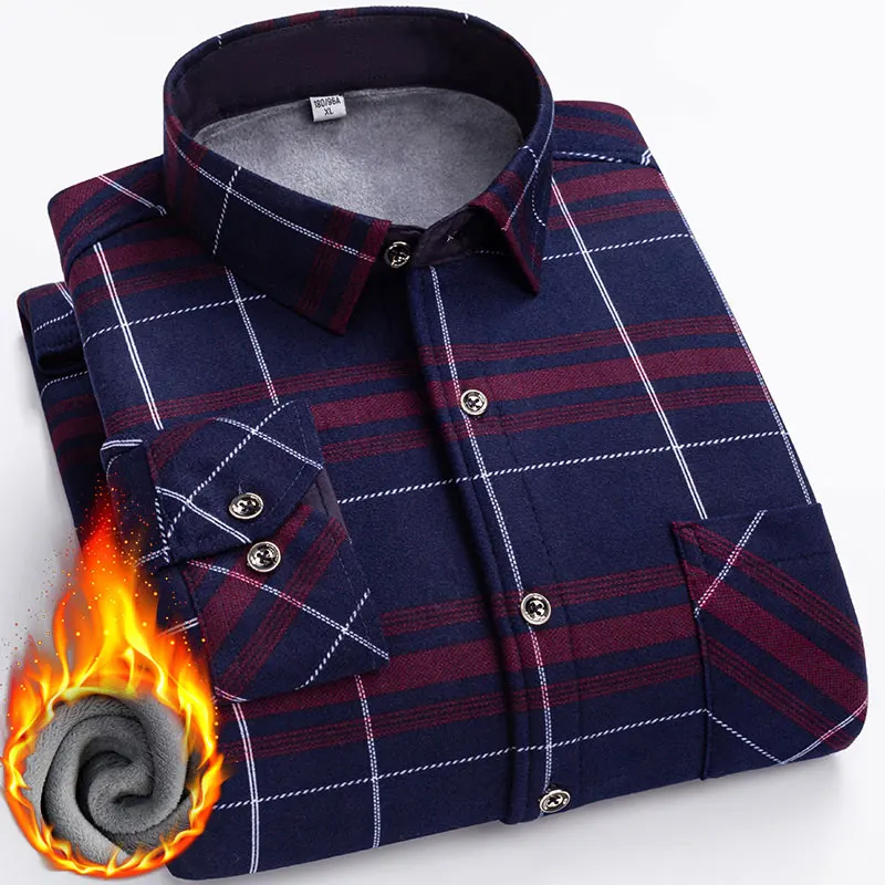 7XL 8XL large size Autumn/Winter men's fleece thickened integrated fleece long-sleeved plaid shirt Business casual warm shirt