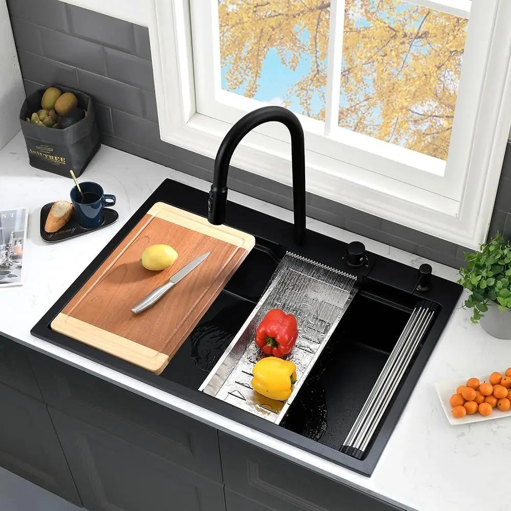 

33 Inch Black Drop In Waterfall Kitchen Sink Workstation-VASOYO 33x19 Drop In Kitchen Sink with Faucet Quartz Composite Kitchen